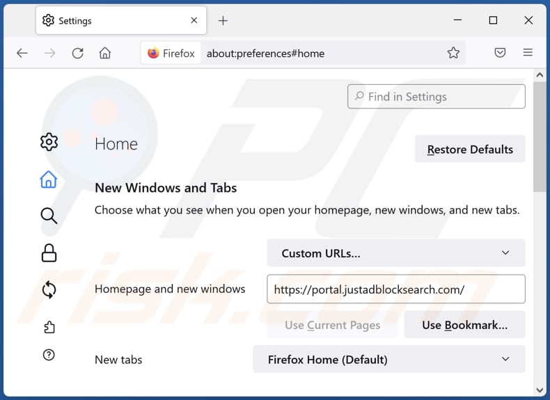 Removing justadblocksearch.com from Mozilla Firefox homepage