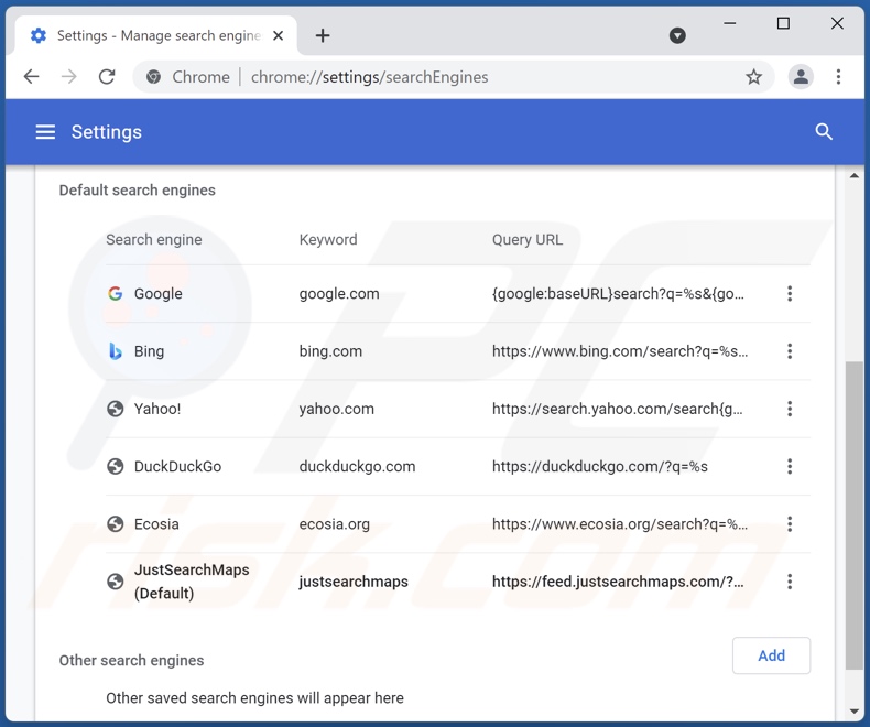 Removing justsearchmaps.com from Google Chrome default search engine