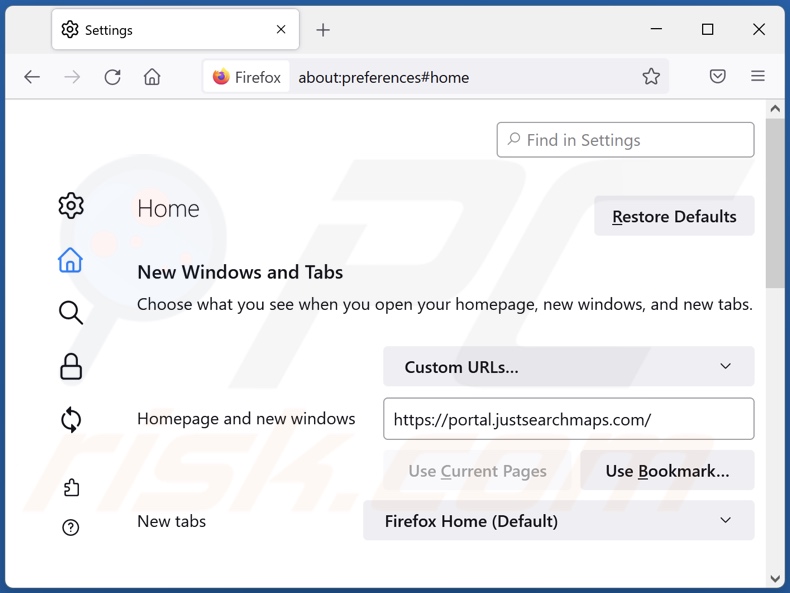 Removing justsearchmaps.com from Mozilla Firefox homepage