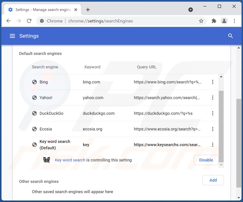 Removing keysearchs.com from Google Chrome default search engine