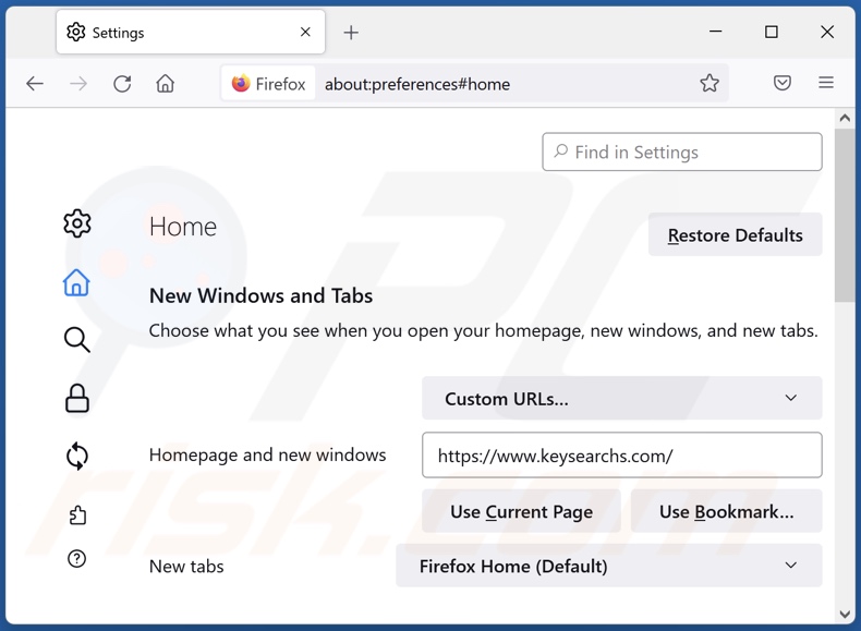 Removing keysearchs.com from Mozilla Firefox homepage