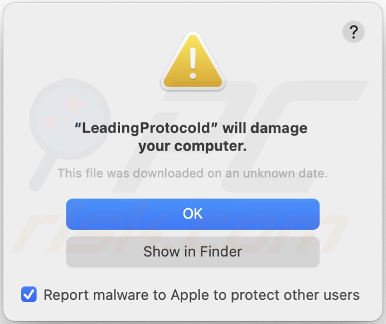 Pop-up displayed when LeadingProtocol adware is detected on the system