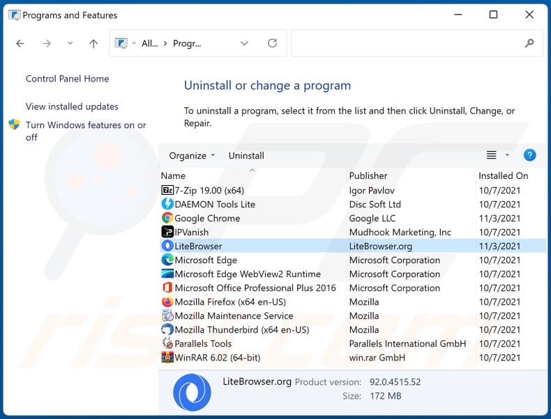 LiteBrowser adware uninstall via Control Panel
