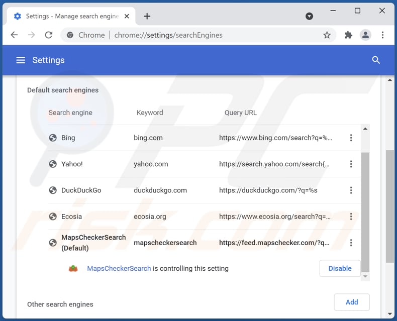 Removing mapschecker.com from Google Chrome default search engine