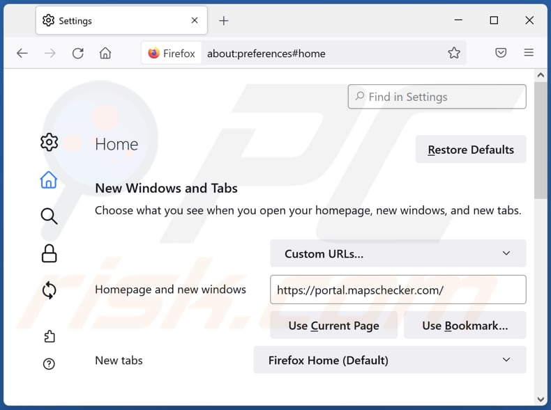 Removing mapschecker.com from Mozilla Firefox homepage