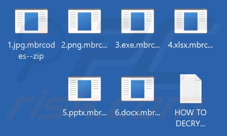 Files encrypted by Mbrcodes ransomware (.mbrcodes--zip extension)
