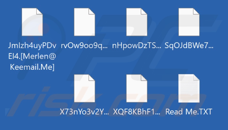 Files encrypted by Merlen ransomware ([random_string].[Merlen@Keemail.Me] filename renaming pattern)