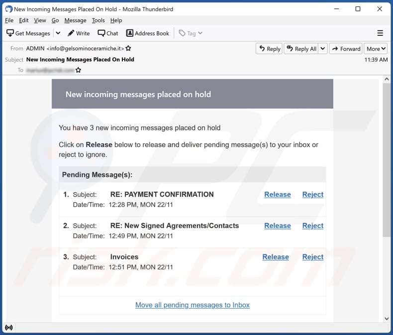 New Incoming Messages Placed On Hold email spam campaign