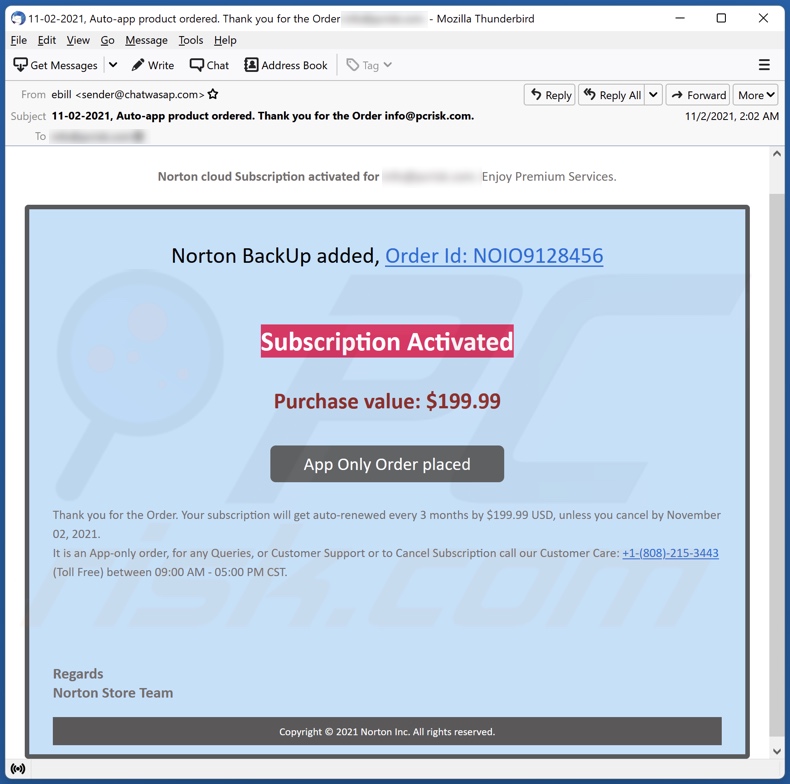 Norton cloud Subscription activated email spam campaign