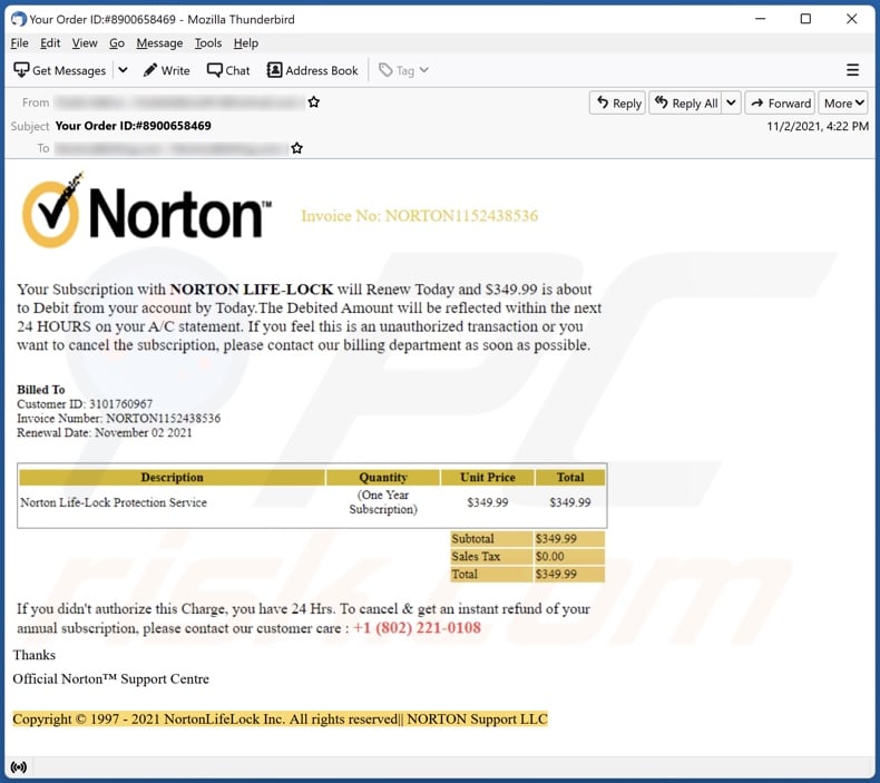 Norton Subscription will renew today email spam campaign