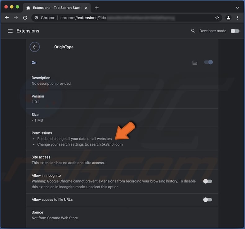 OriginType browser hijacker permissions on Chrome