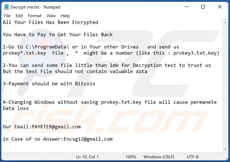 Payk ransomware text file (Decrypt-me.txt)