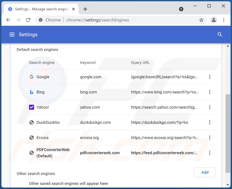 Removing pdfconverterweb.com from Google Chrome default search engine