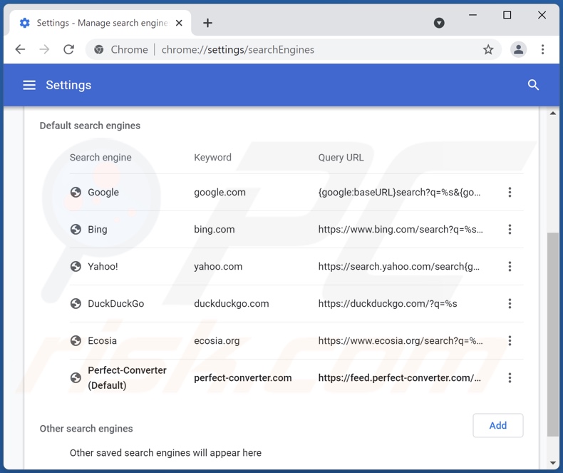 Removing perfect-converter.com from Google Chrome default search engine