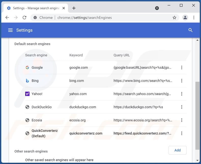 Removing quickconverterz.com from Google Chrome default search engine