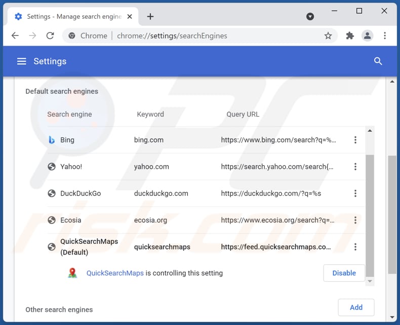 Removing quicksearchmaps.com from Google Chrome default search engine