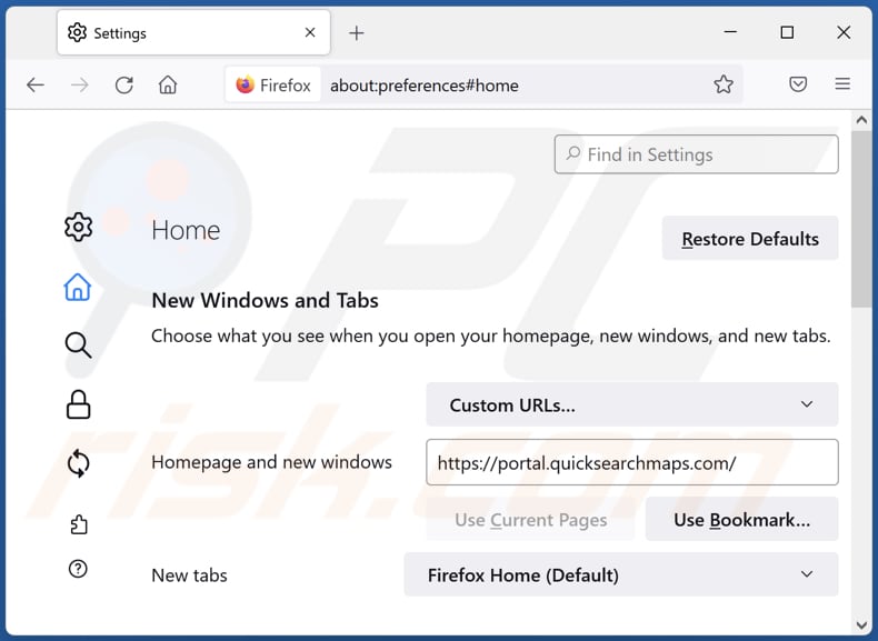 Removing quicksearchmaps.com from Mozilla Firefox homepage