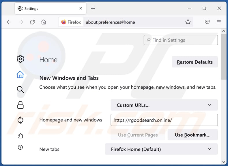 Removing rgoodsearch.online from Mozilla Firefox homepage