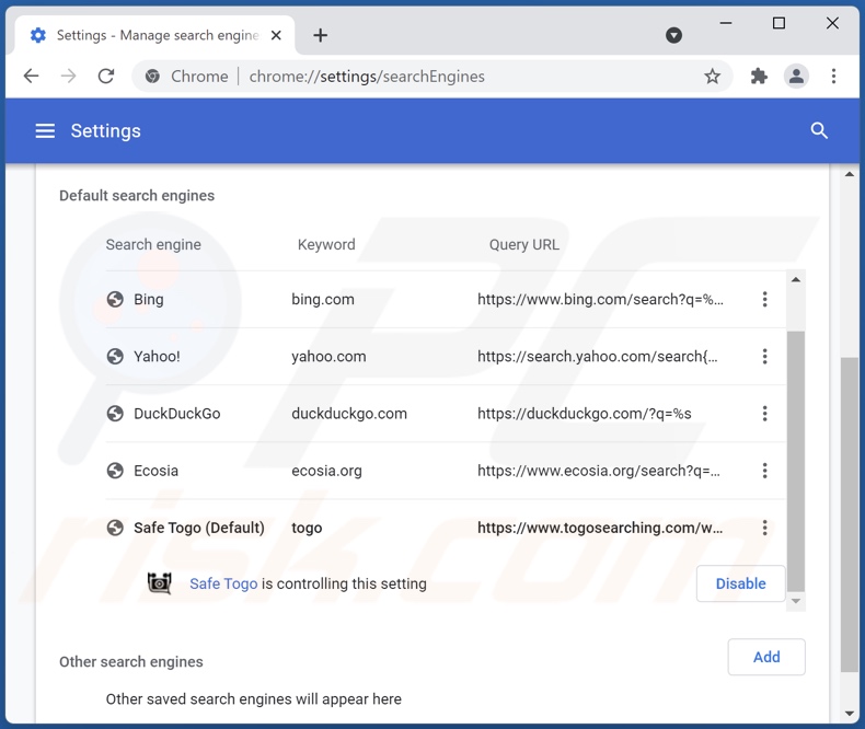 Removing togosearching.com from Google Chrome default search engine