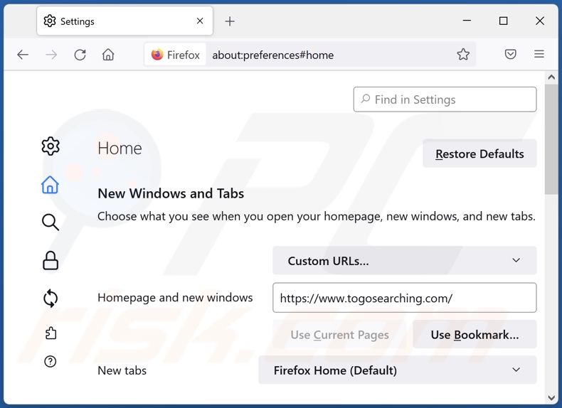 Removing togosearching.com from Mozilla Firefox homepage