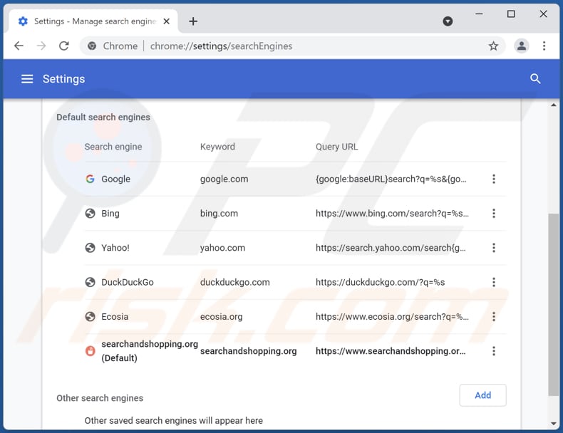 Removing searchandshopping.org from Google Chrome default search engine