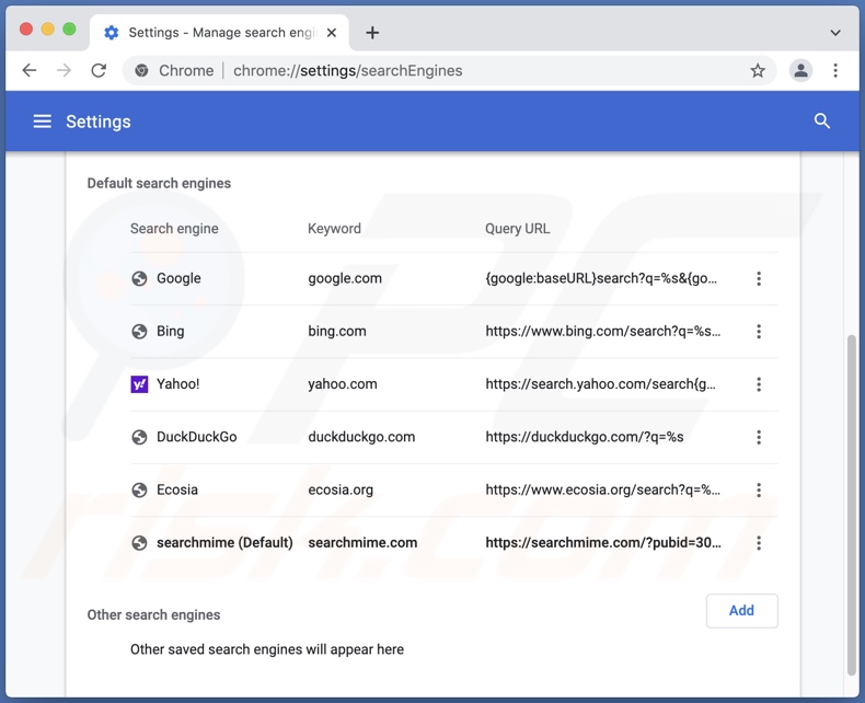 searchmime.com browser hijacker set as the default search engine on Google Chrome