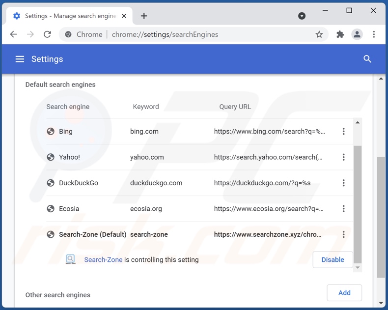 Removing searchzone.xyz from Google Chrome default search engine