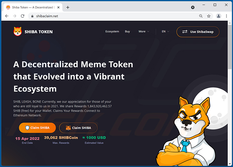 Shiba (SHIB) giveaway scam website (shibaclaim.net)
