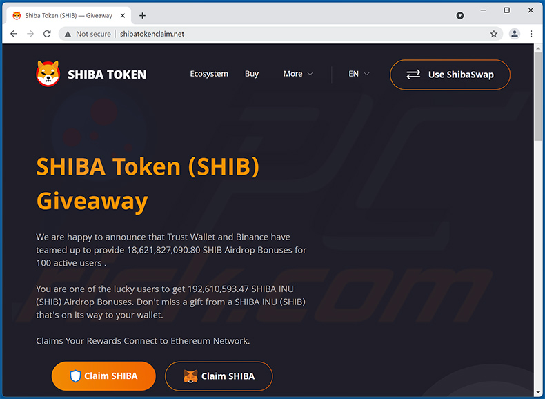 SHIBA (SHIB) giveaway scam website - shibatokenclaim.net