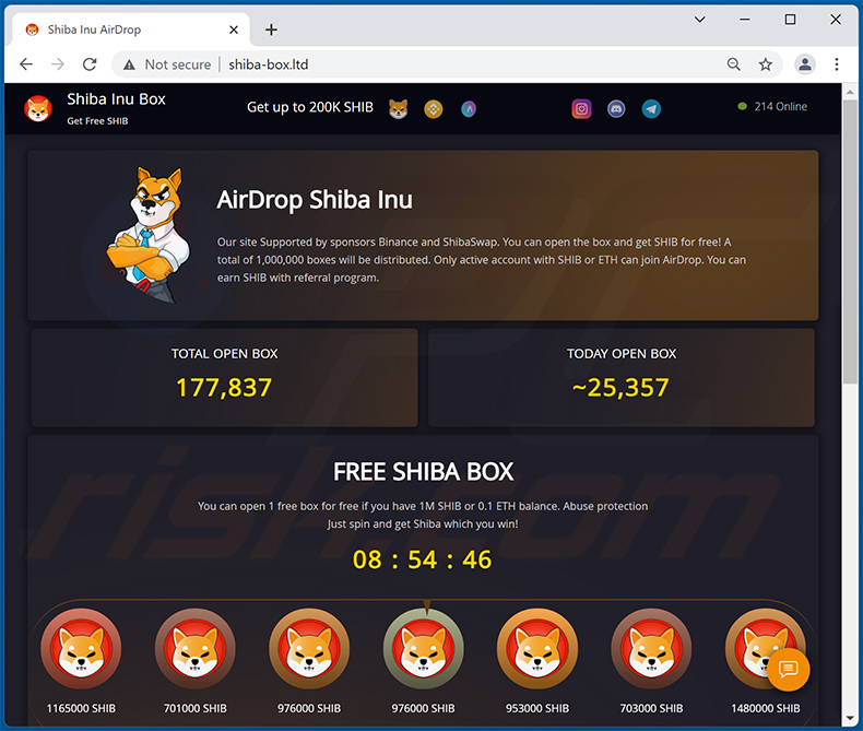 SHIBA (SHIB) giveaway scam website (shiba-box.ltd)