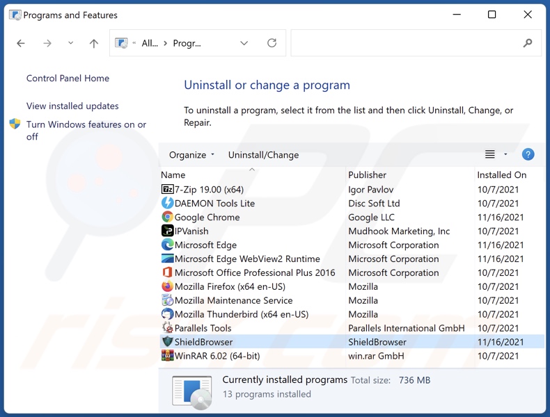 ShieldBrowser adware uninstall via Control Panel