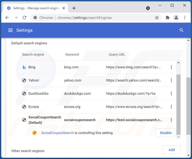 Removing socialcouponsearch.com from Google Chrome default search engine