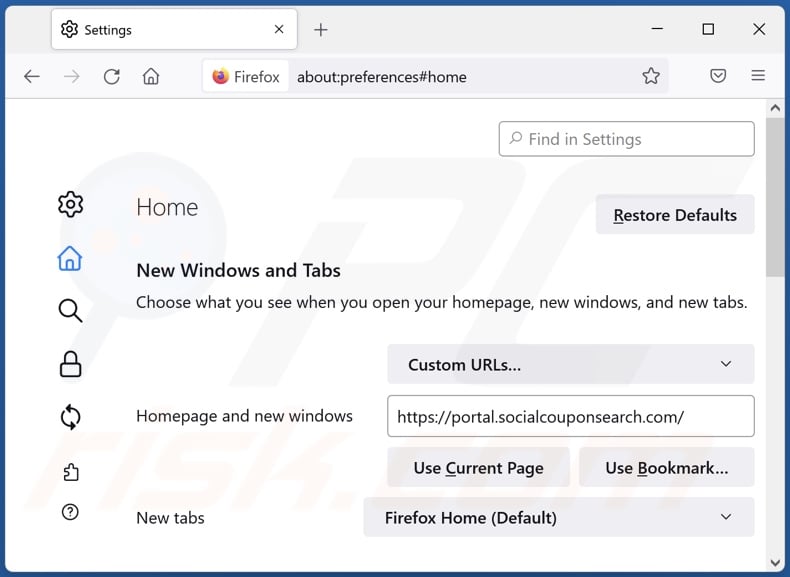 Removing socialcouponsearch.com from Mozilla Firefox homepage