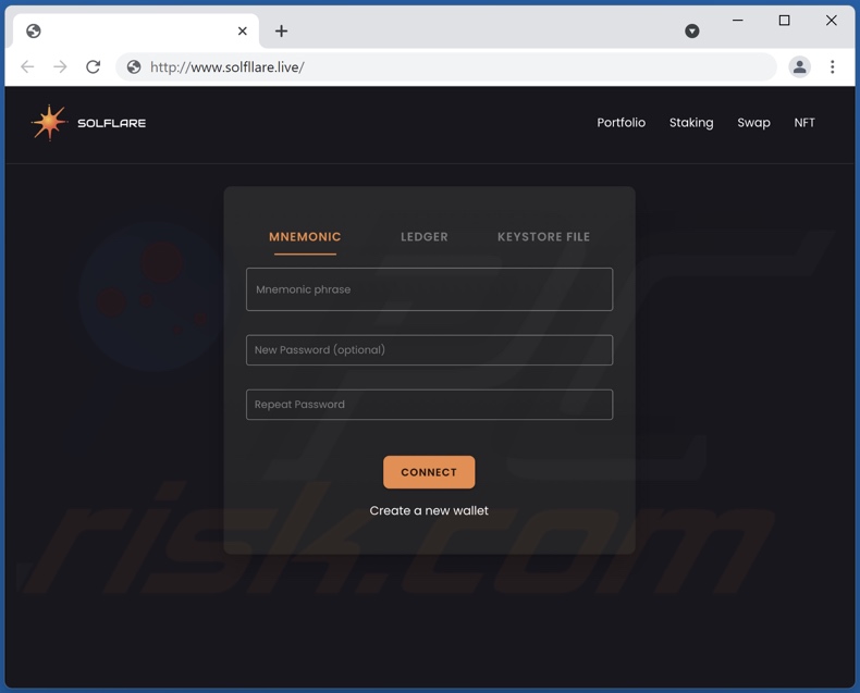 Solflare scam sign-in page