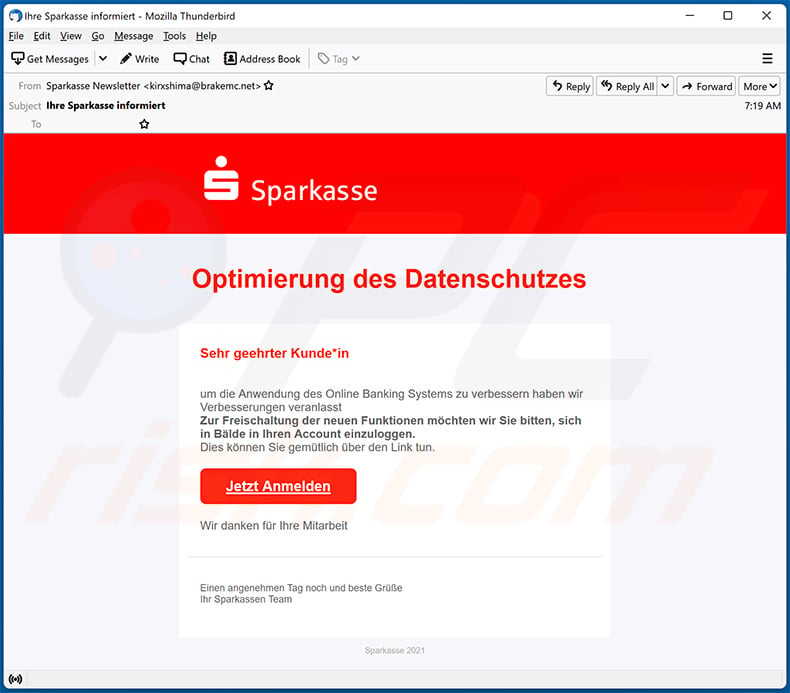 Sparkasse-themed spam email (2021-11-19)