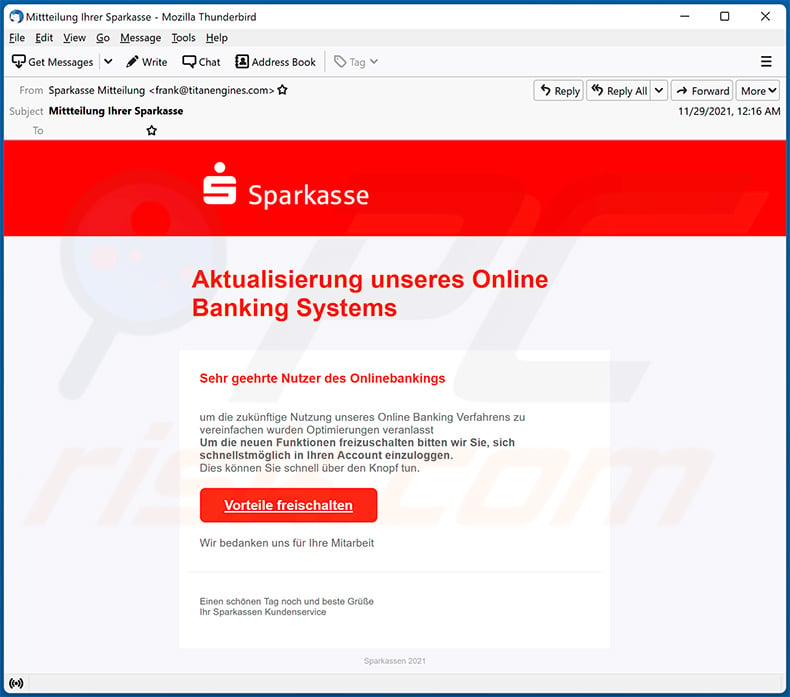 Sparkasse-themed spam email (2021-11-30)