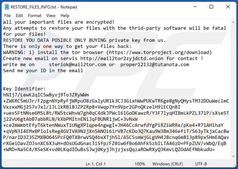 Steriok ransomware text file (RESTORE_FILES_INFO.txt)