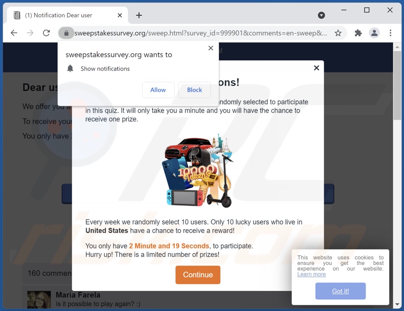 sweepstakessurvey[.]org pop-up redirects