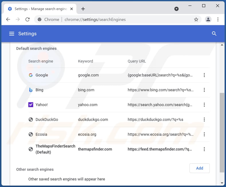 Removing themapsfinder.com from Google Chrome default search engine