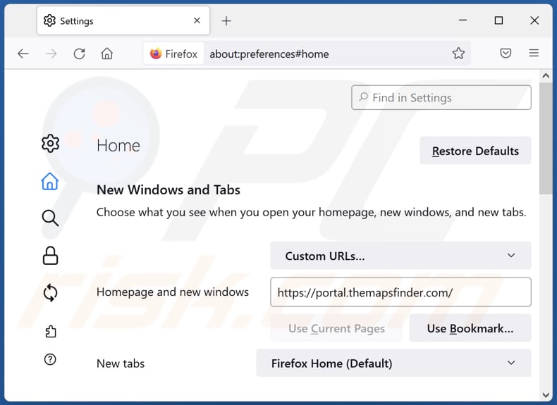 Removing themapsfinder.com from Mozilla Firefox homepage