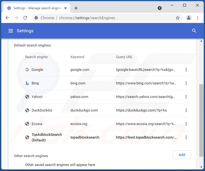 Removing topadblocksearch.com from Google Chrome default search engine