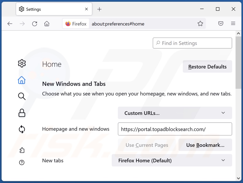 Removing topadblocksearch.com from Mozilla Firefox homepage