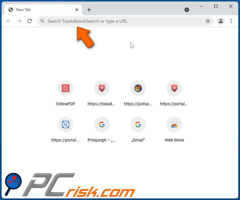 TopAdblockSearch browser hijacker redirecting to nearbyme.io (GIF)