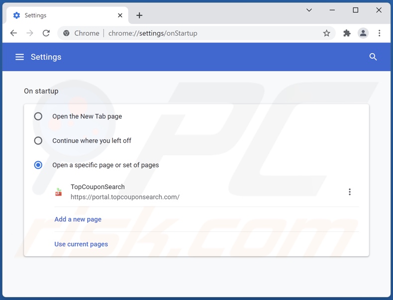 Removing topcouponsearch.com from Google Chrome homepage
