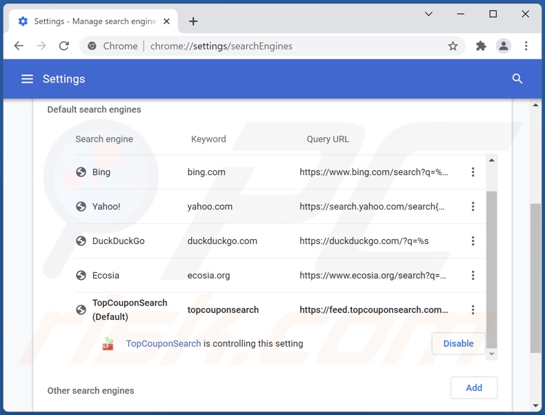 Removing topcouponsearch.com from Google Chrome default search engine
