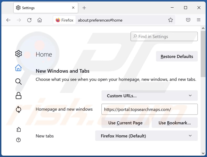 Removing topsearchmaps.com from Mozilla Firefox homepage