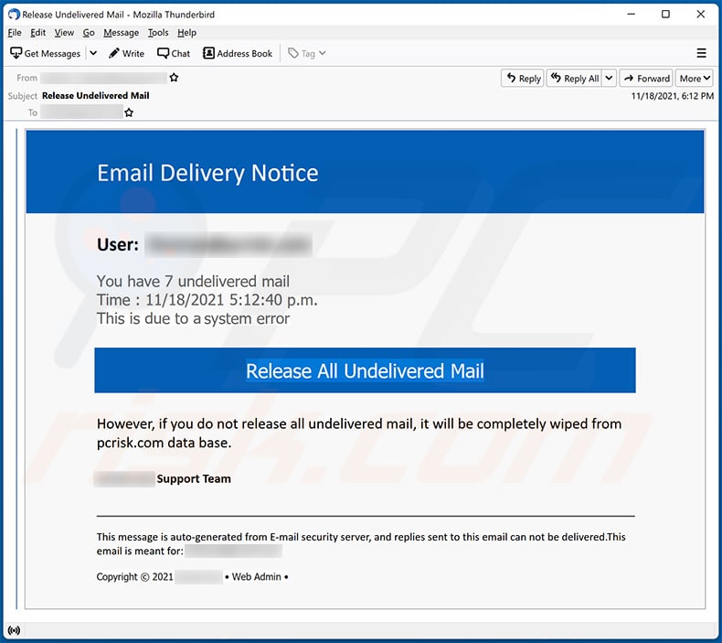 Undelivered mail-themed spam promoting a phishing website (2021-11-19)