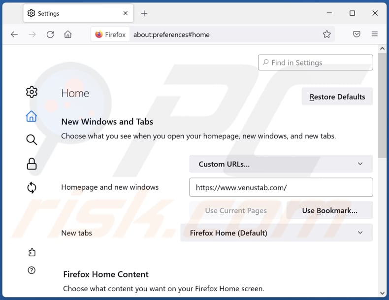 Removing venustab.com from Mozilla Firefox homepage