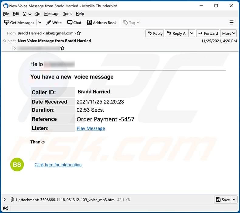 Voicemail-themed spam email (2021-11-26)