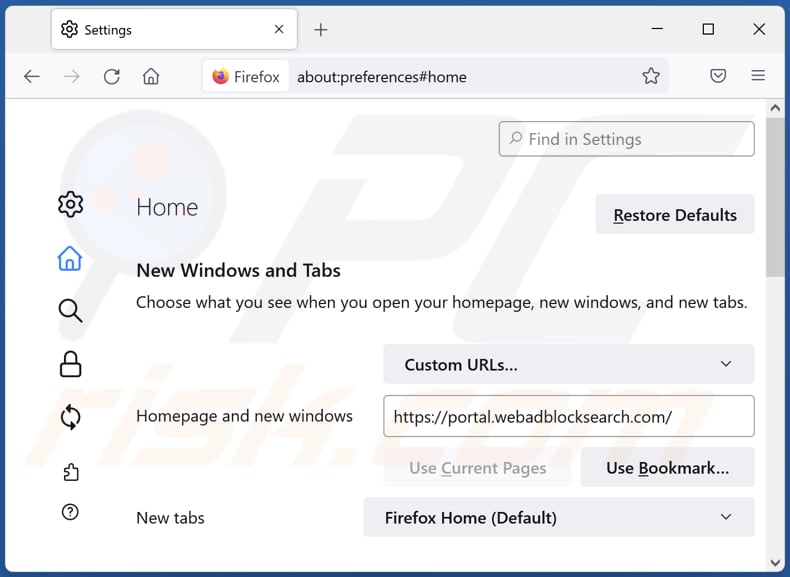 Removing webadblocksearch.com from Mozilla Firefox homepage